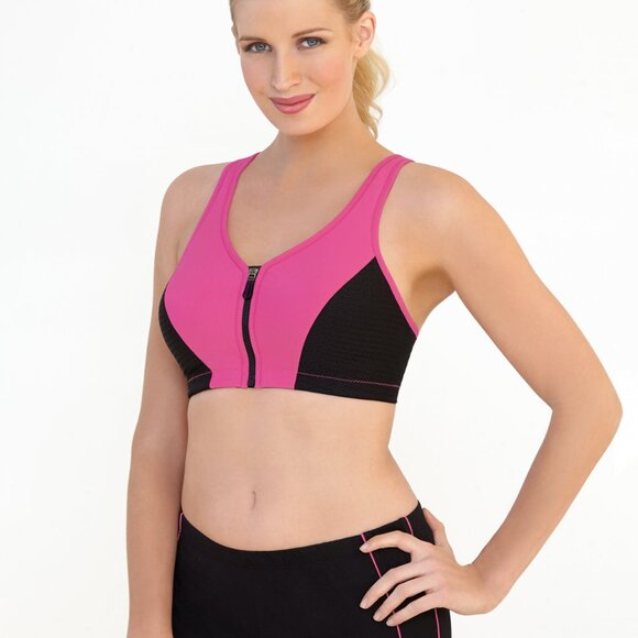 Glamorise SPORT Bra 32G (HIGH-IMPACT) Wicks! (RACERBACK) T-Back Zip-Up PINK New - Picture 14 of 16